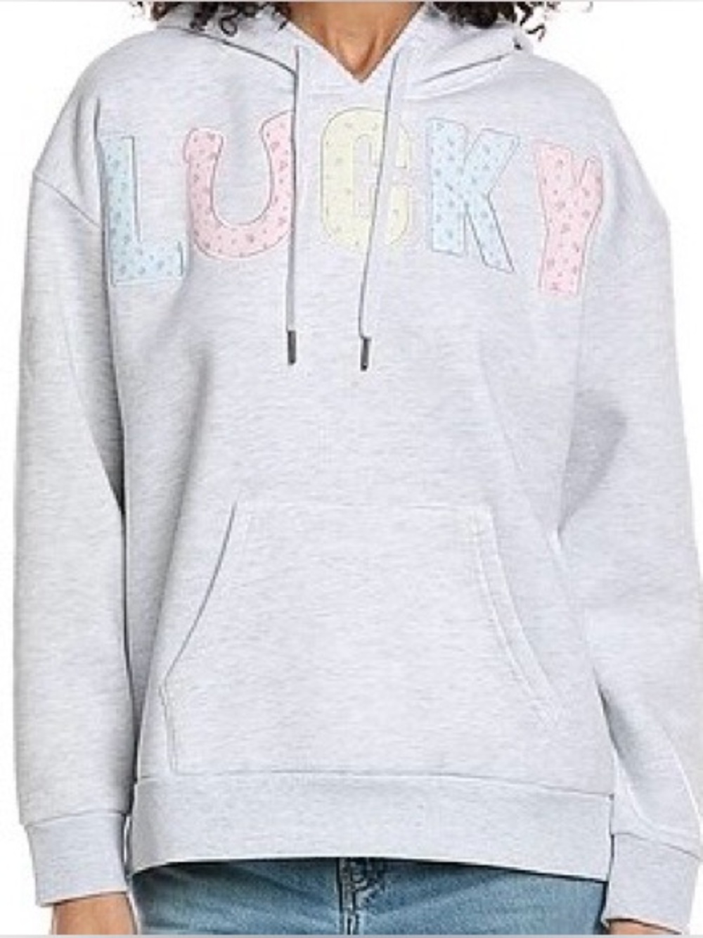 Vintage Havana Light Gray LUCKY Appliqué Hoodie with Pastel Floral Letters